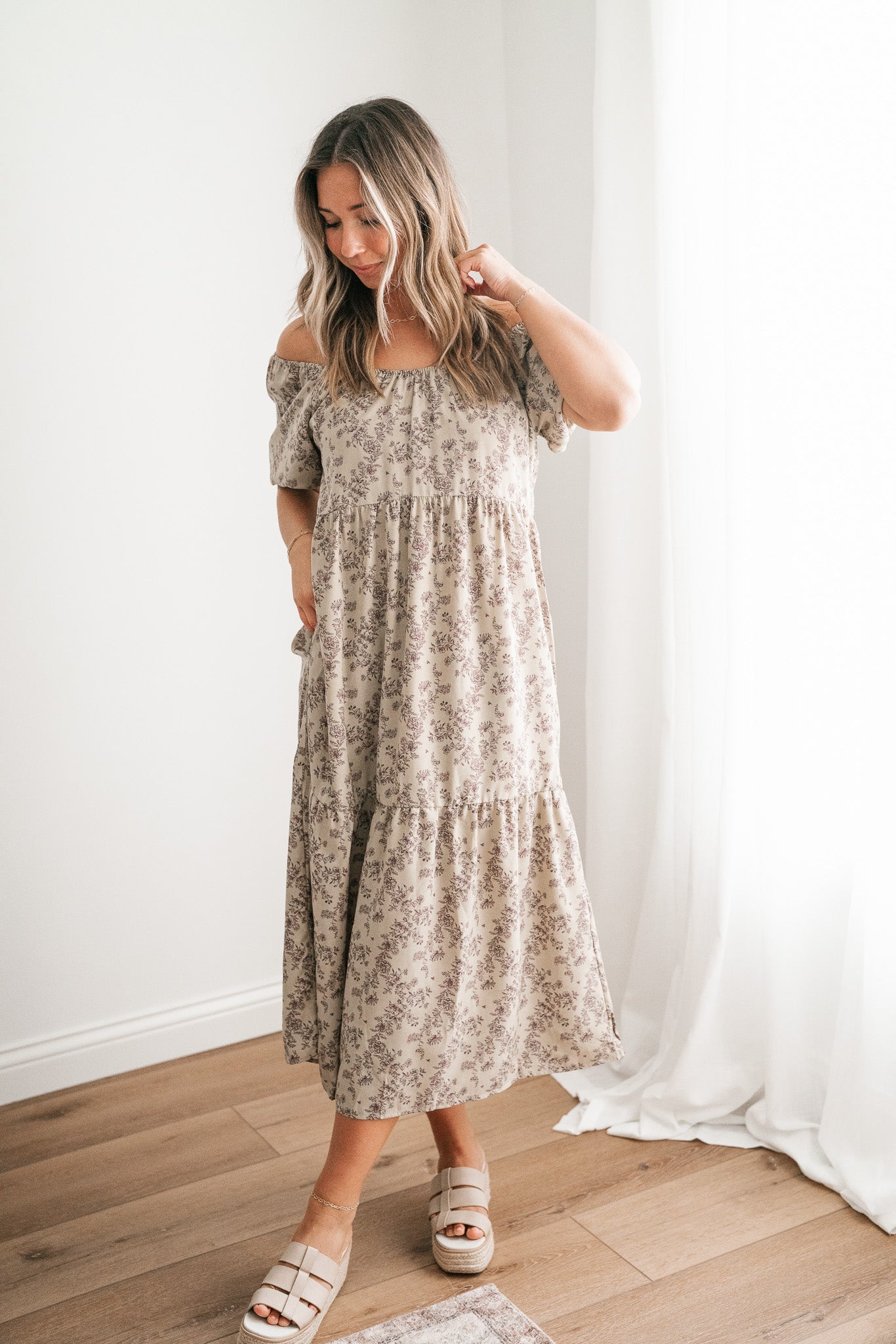 Another Love Floral Casual Midi Dress - Olive