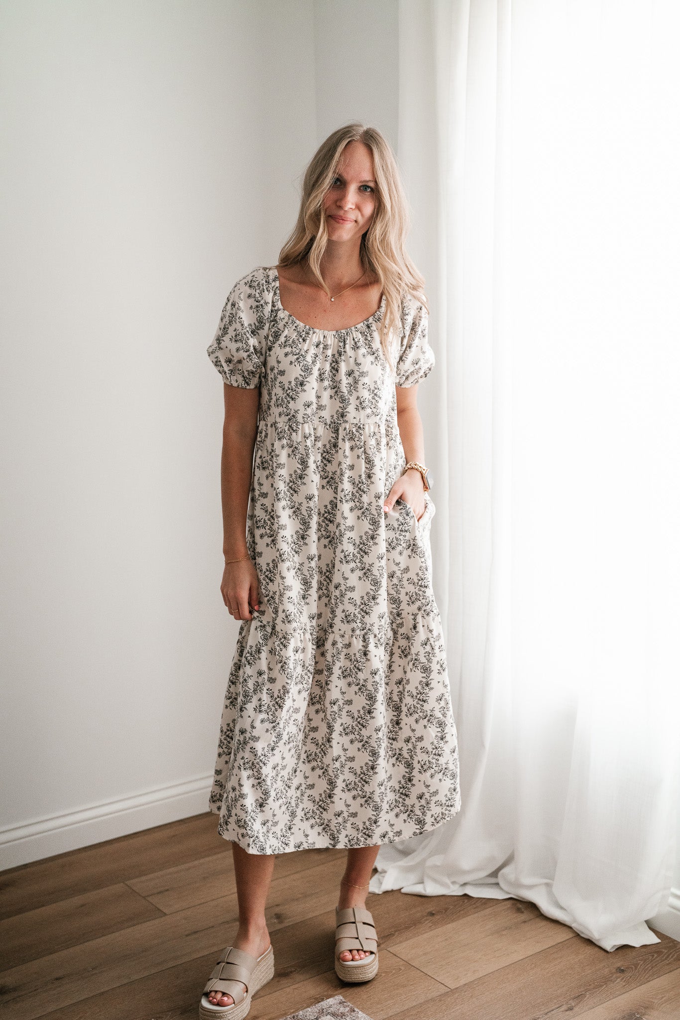 Another Love Floral Casual Midi Dress - Cream