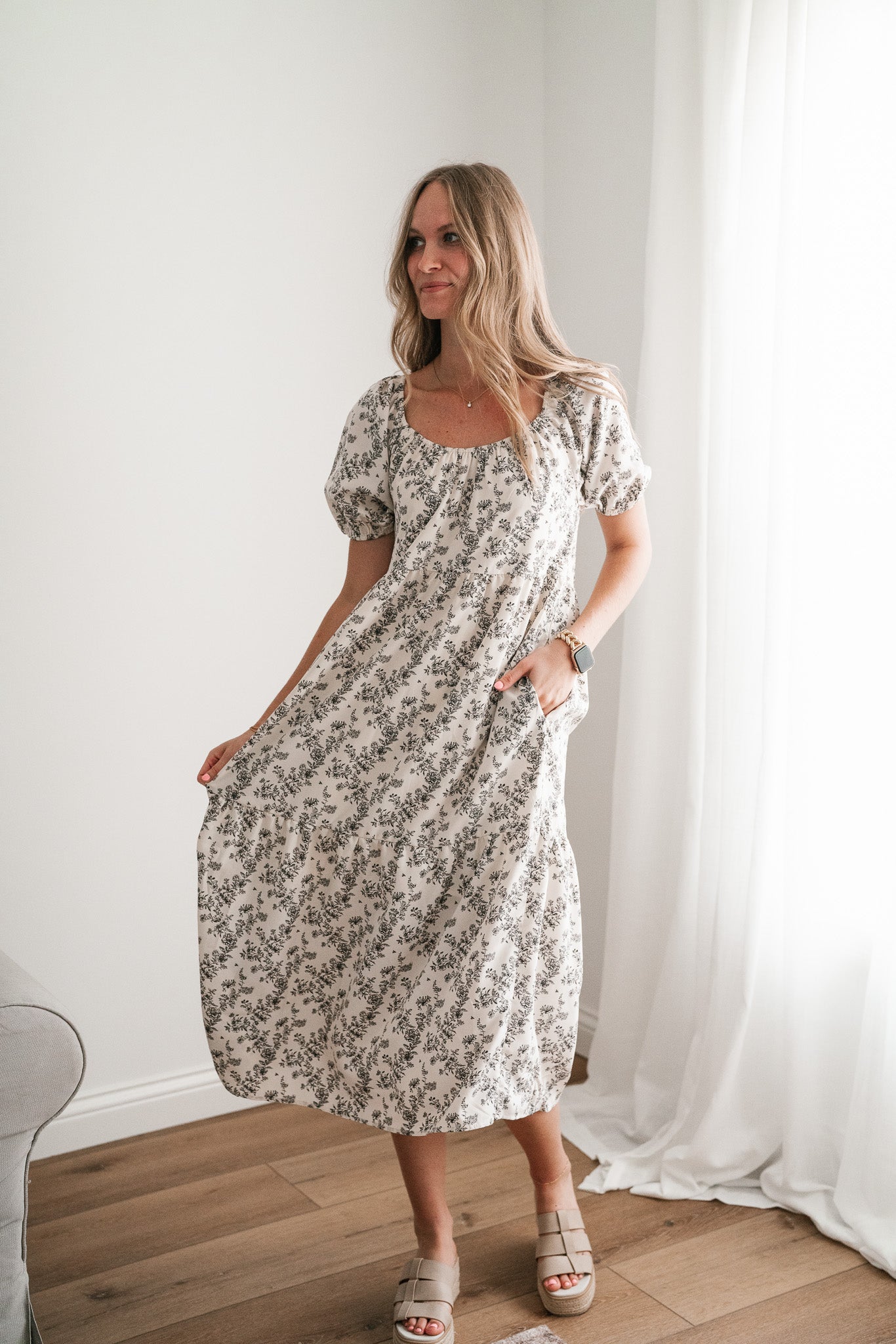 Another Love Floral Casual Midi Dress - Cream