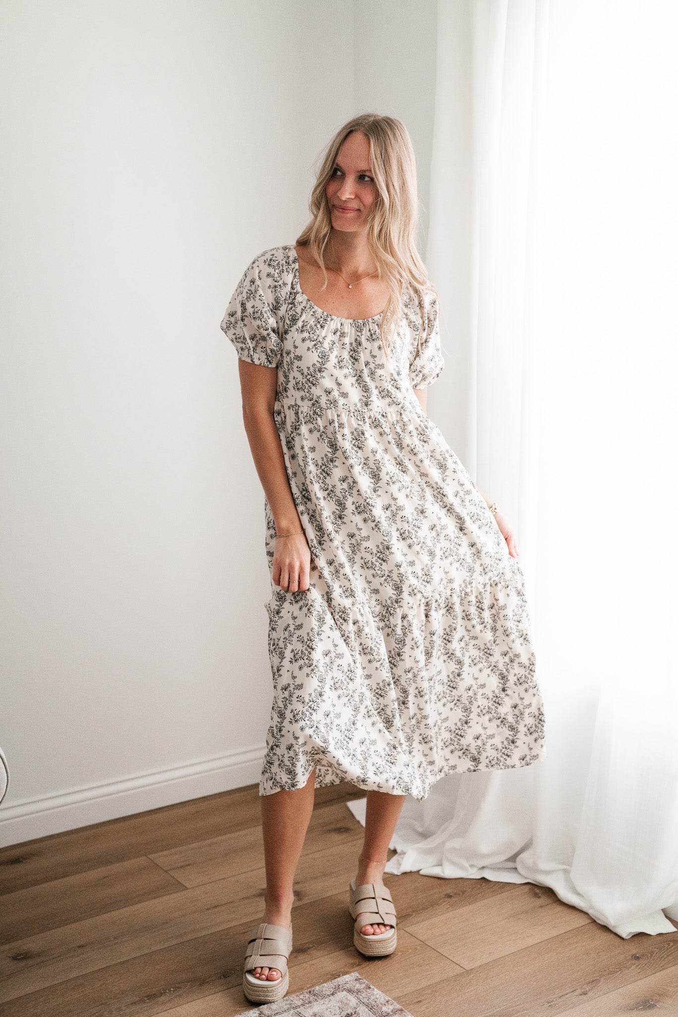 Another Love Floral Casual Midi Dress - Cream