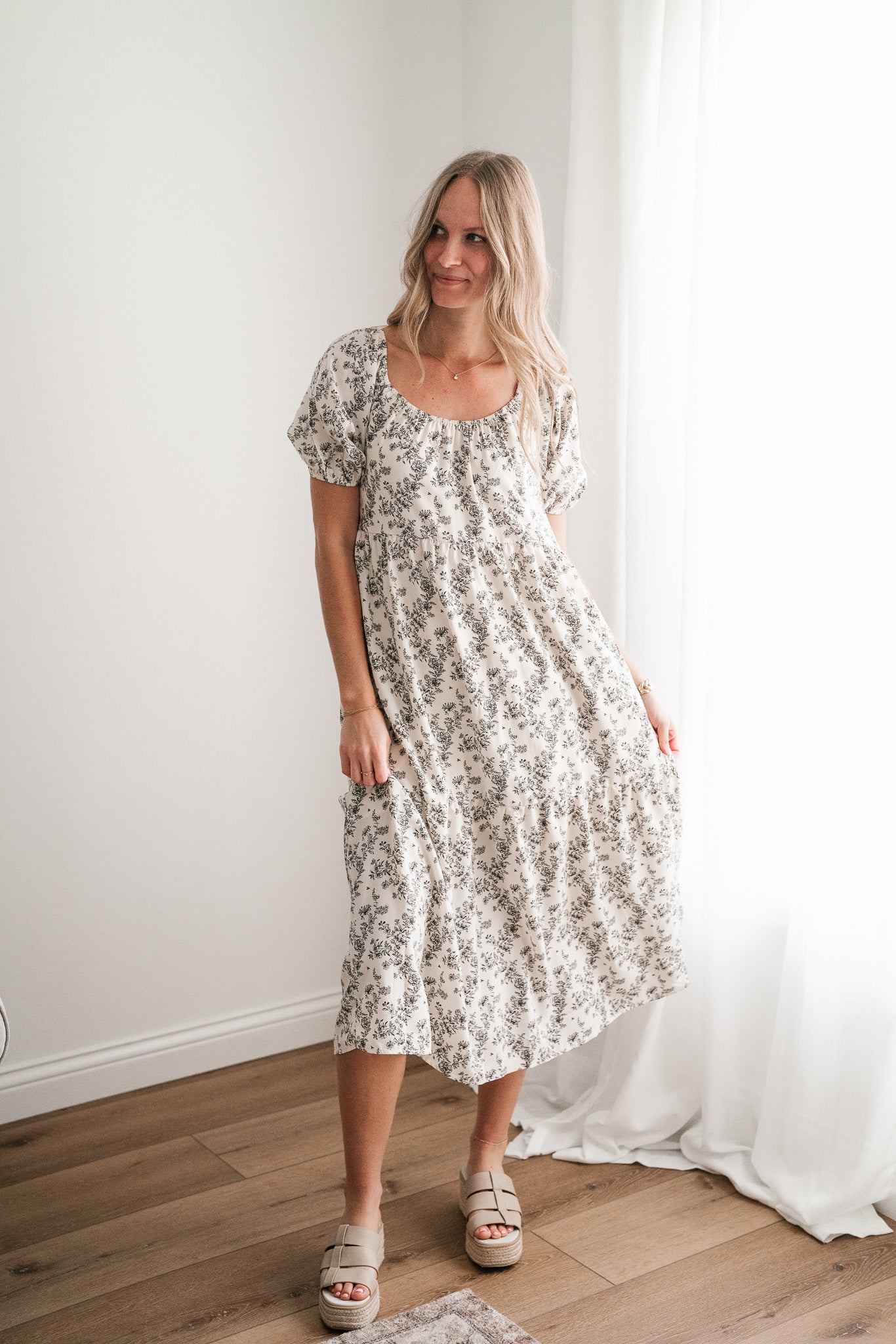 Another Love Floral Casual Midi Dress - Cream