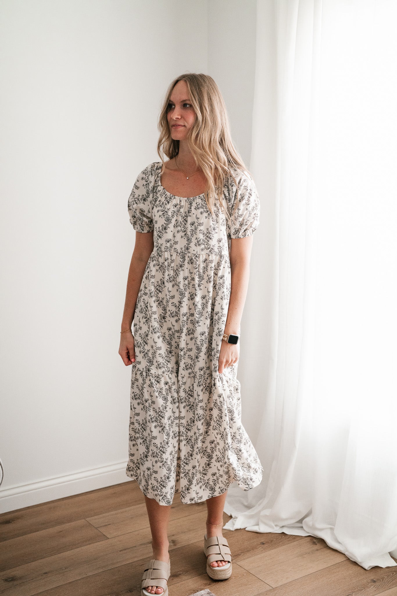 Another Love Floral Casual Midi Dress - Cream