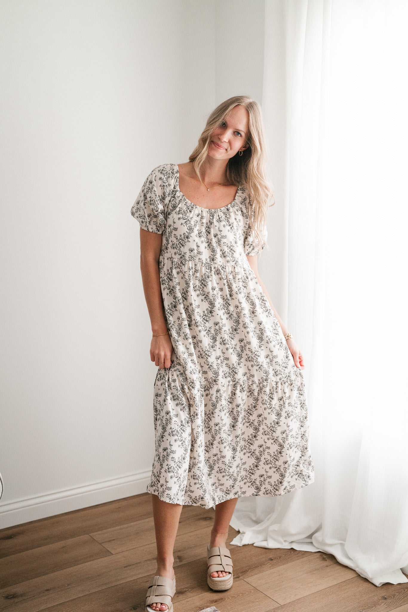 Another Love Floral Casual Midi Dress - Cream