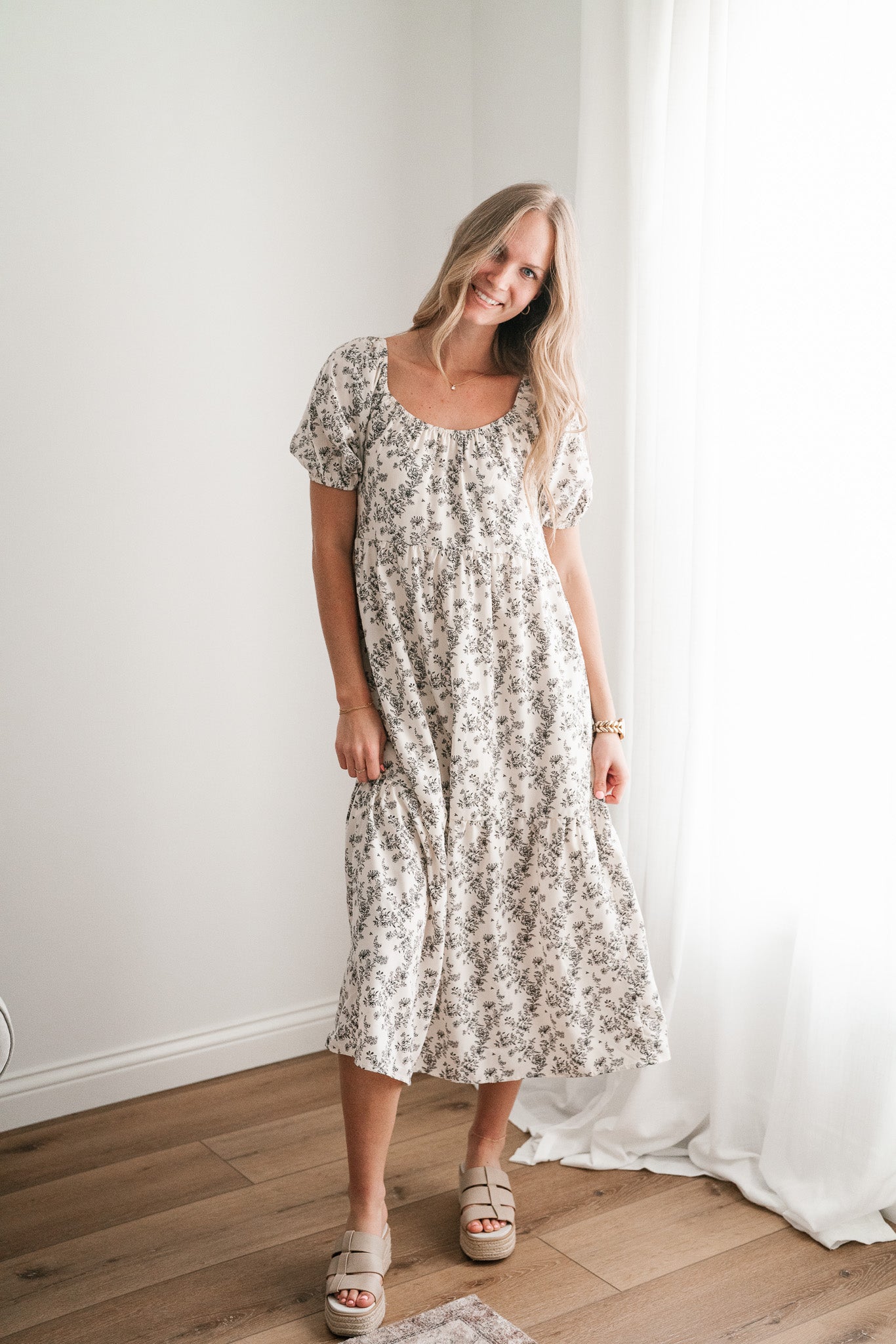 Another Love Floral Casual Midi Dress - Cream