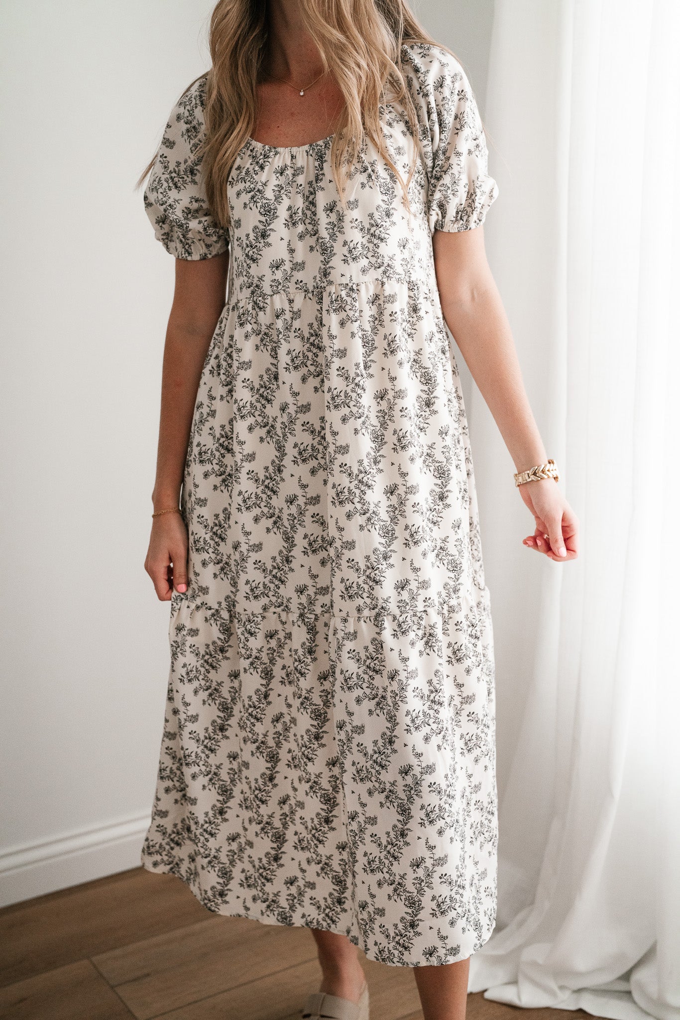 Another Love Floral Casual Midi Dress - Cream