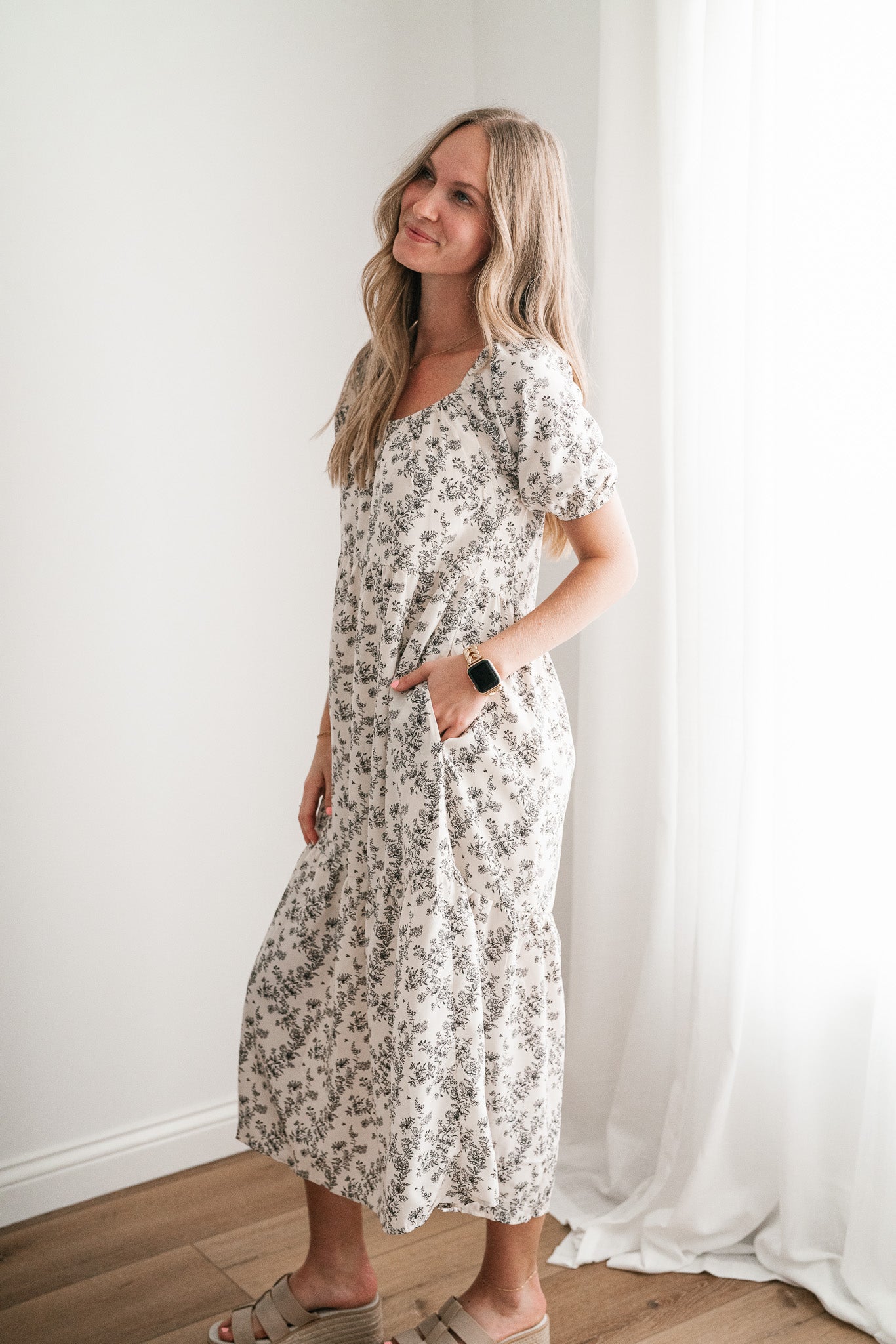 Another Love Floral Casual Midi Dress - Cream