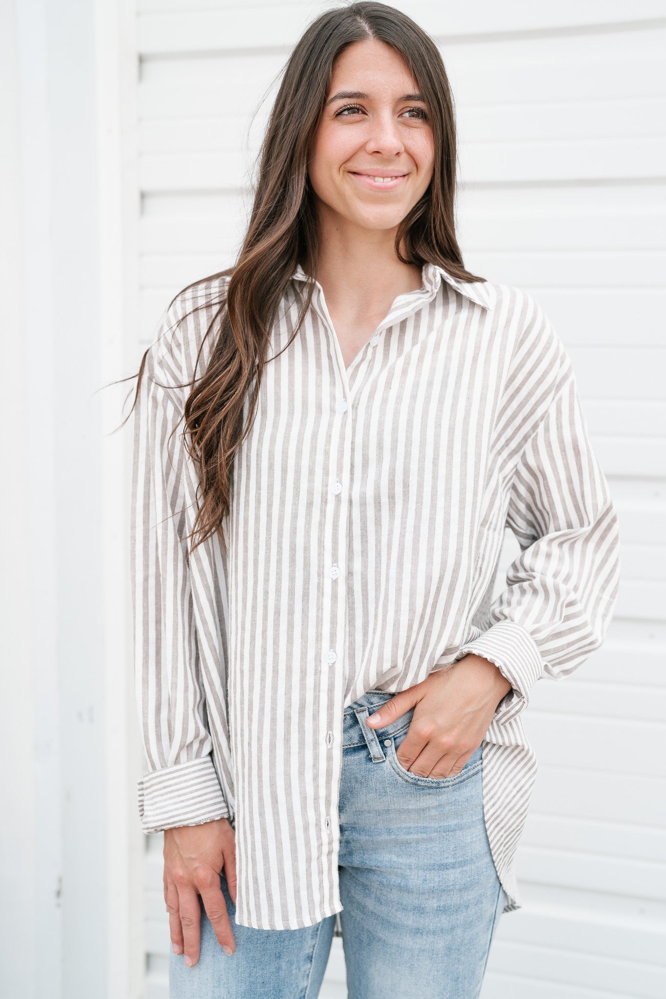 Out Of Line Striped Button Up Top