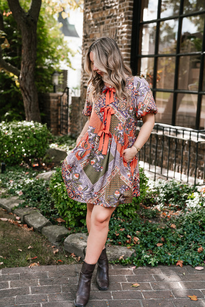 Autumn Patchwork Bloom Tie Dress
