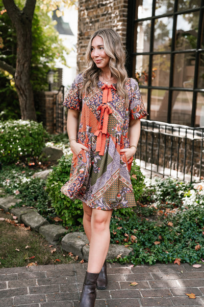 Autumn Patchwork Bloom Tie Dress