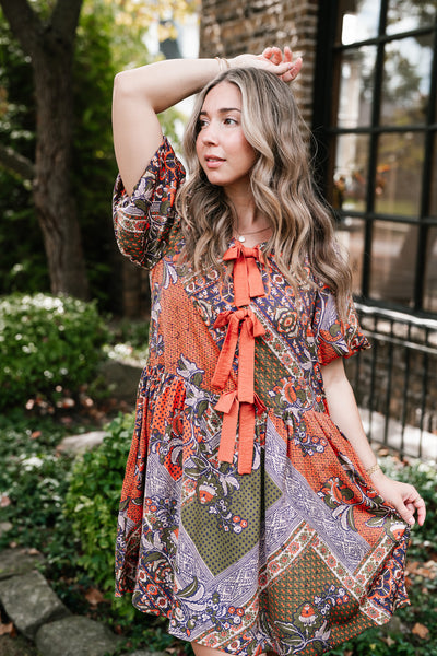 Autumn Patchwork Bloom Tie Dress