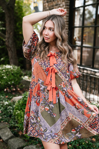Autumn Patchwork Bloom Tie Dress
