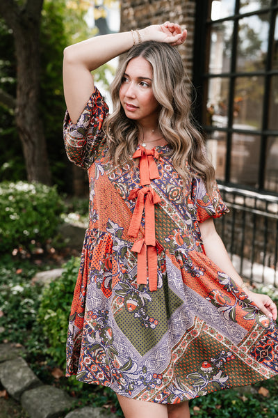 Autumn Patchwork Bloom Tie Dress