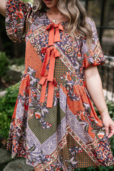 Autumn Patchwork Bloom Tie Dress