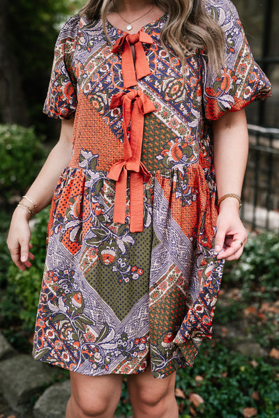Autumn Patchwork Bloom Tie Dress