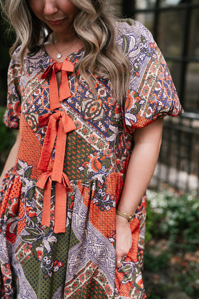Autumn Patchwork Bloom Tie Dress
