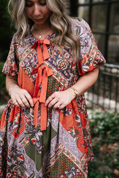 Autumn Patchwork Bloom Tie Dress