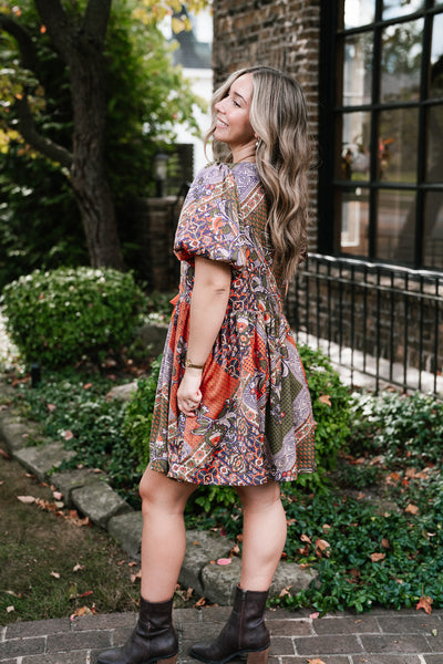 Autumn Patchwork Bloom Tie Dress