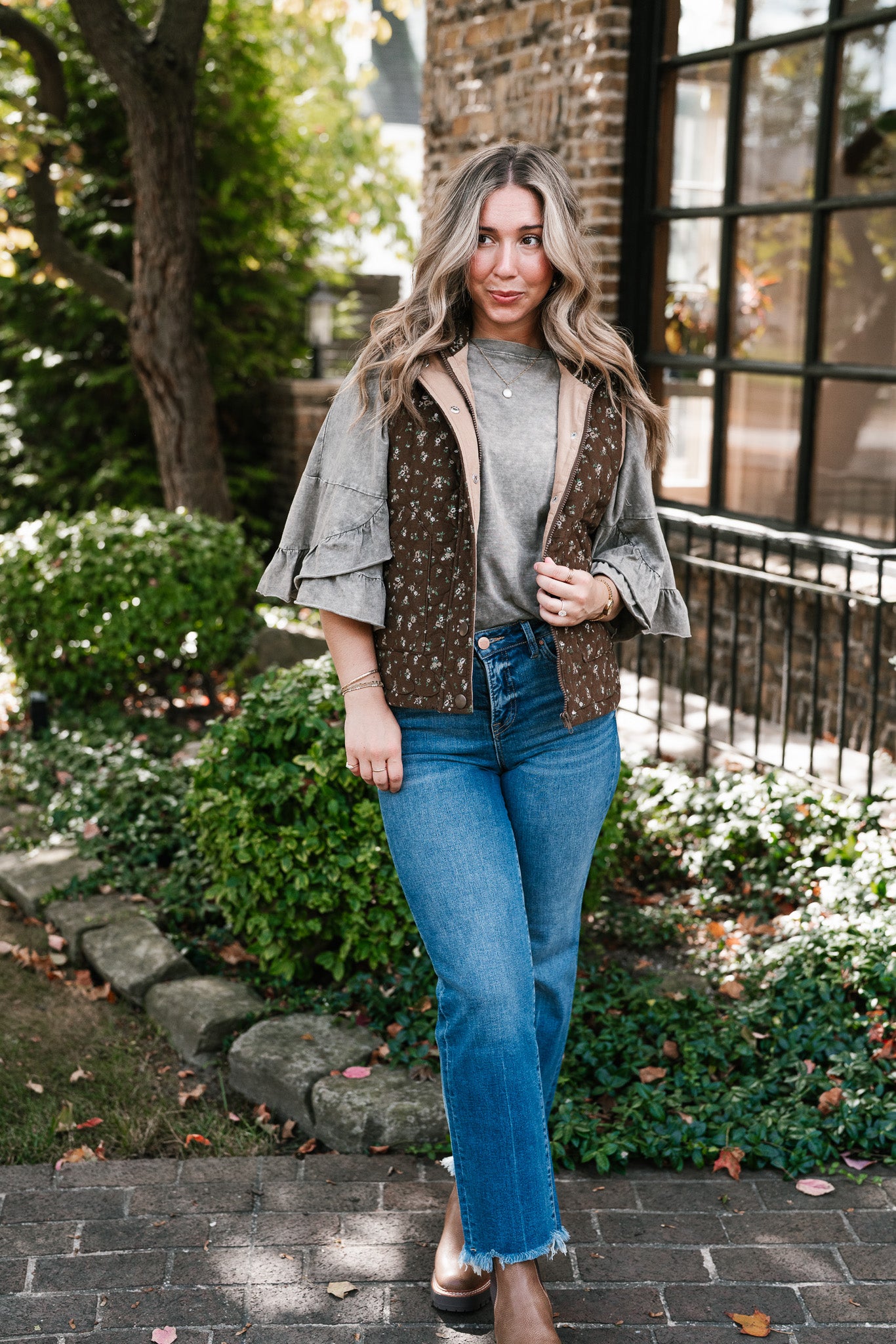 Fall Bloom Quilted Vest - Brown