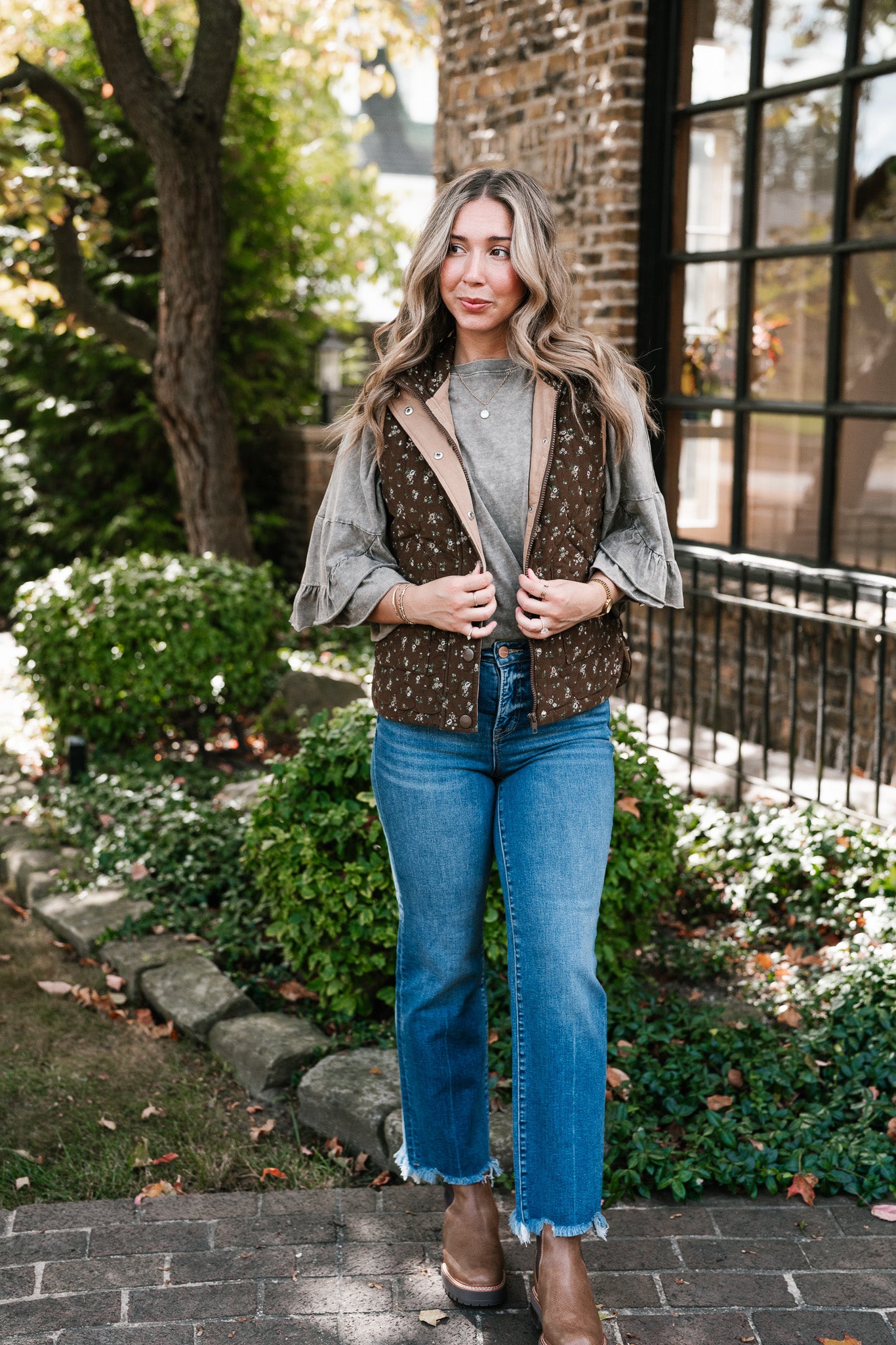 Fall Bloom Quilted Vest - Brown