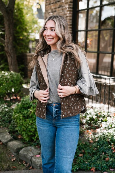 Fall Bloom Quilted Vest - Brown