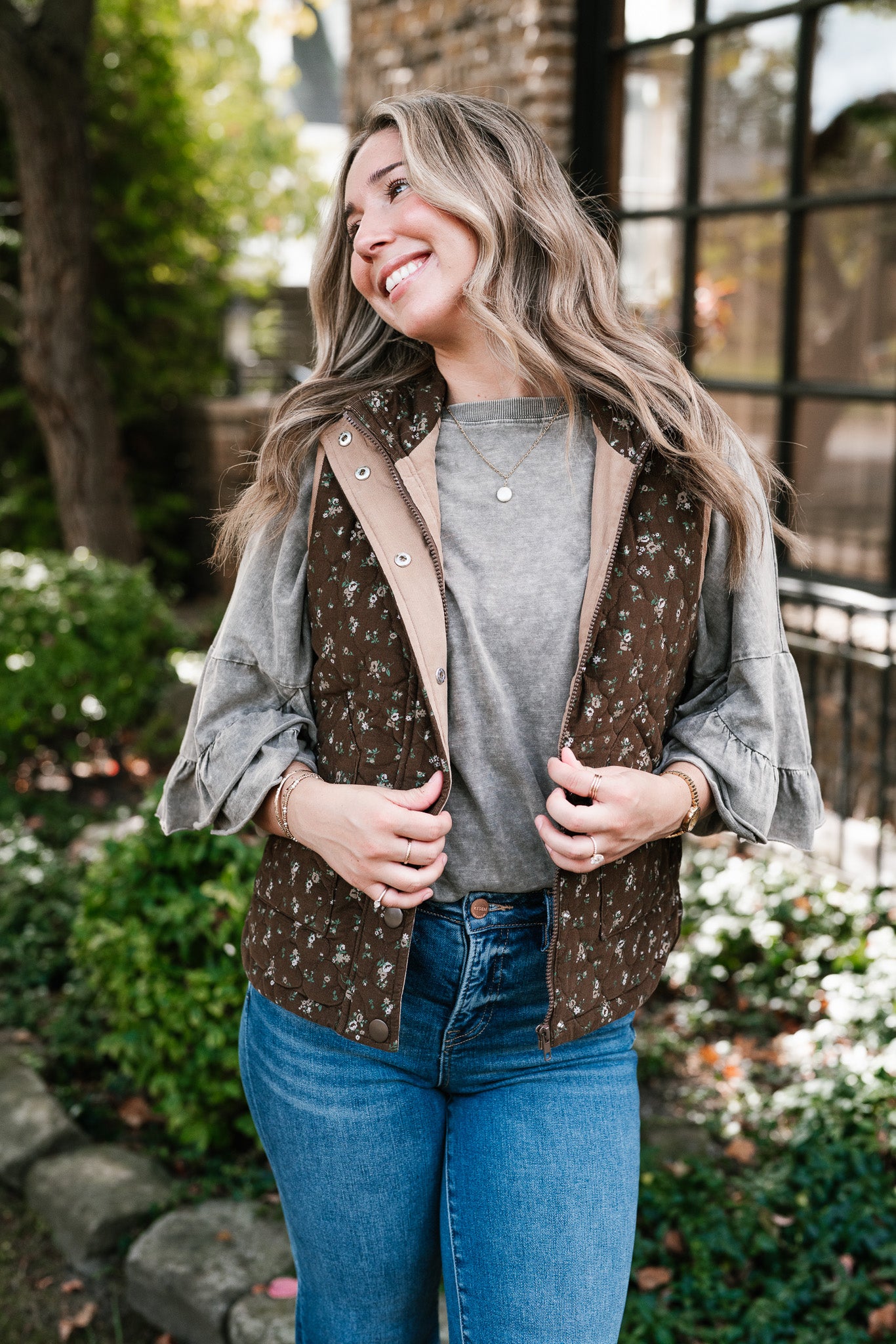 Fall Bloom Quilted Vest - Brown