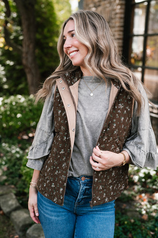 Fall Bloom Quilted Vest - Brown