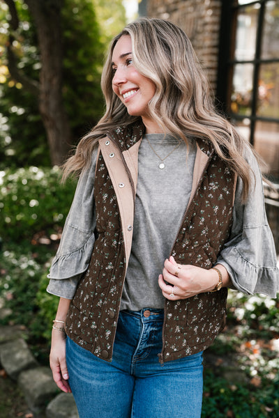 Fall Bloom Quilted Vest - Brown