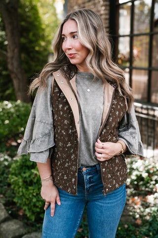 Fall Bloom Quilted Vest - Brown