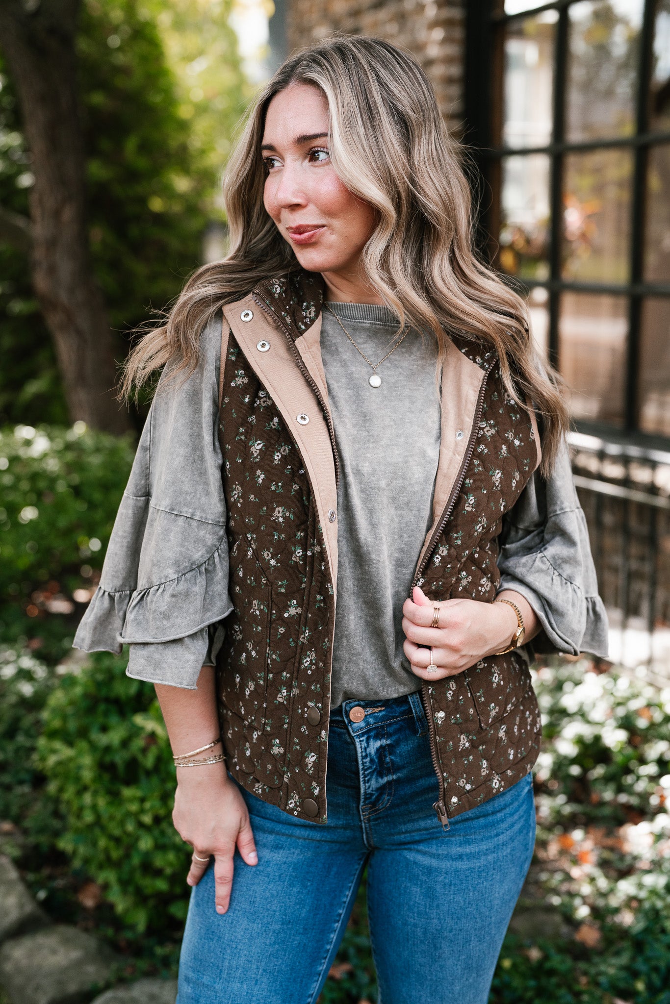 Fall Bloom Quilted Vest - Brown