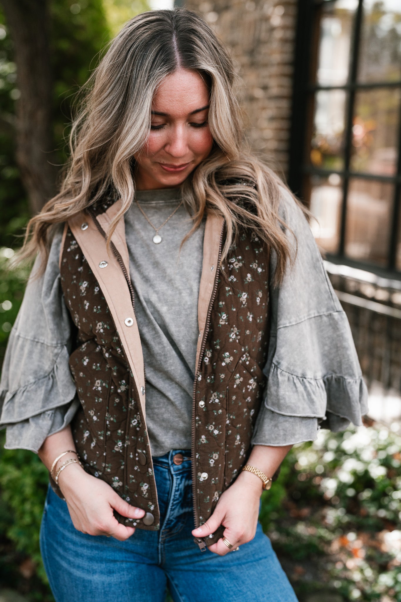 Fall Bloom Quilted Vest - Brown