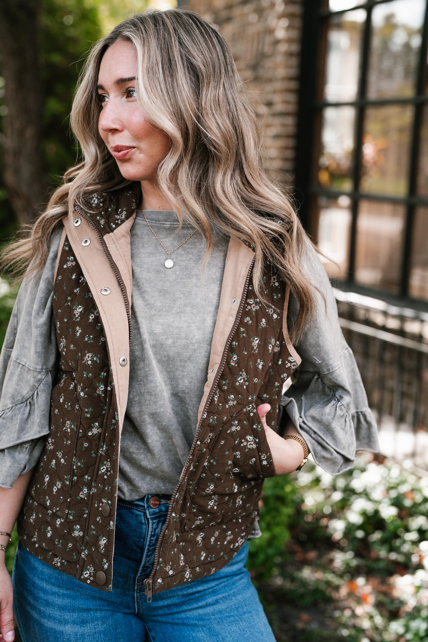 Fall Bloom Quilted Vest - Brown