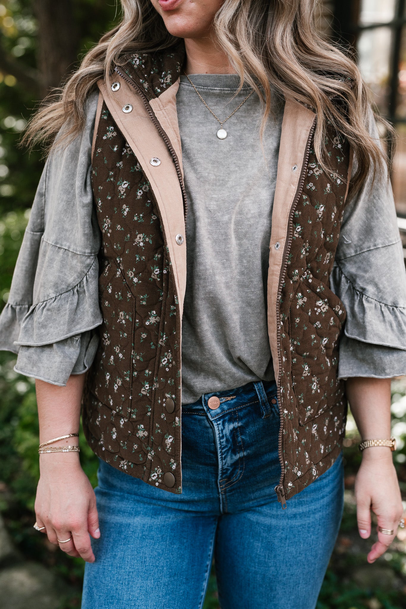 Fall Bloom Quilted Vest - Brown