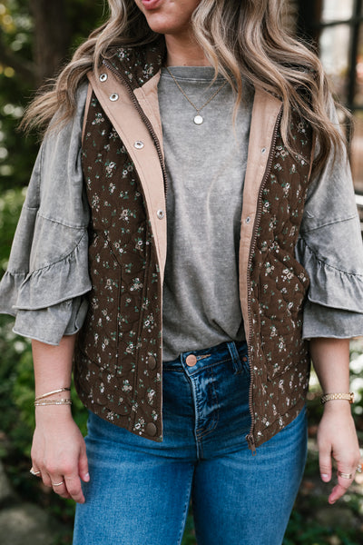 Fall Bloom Quilted Vest - Brown
