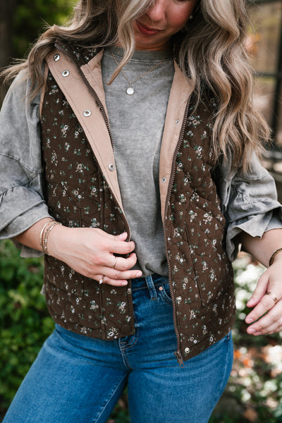 Fall Bloom Quilted Vest - Brown