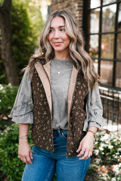 Fall Bloom Quilted Vest - Brown