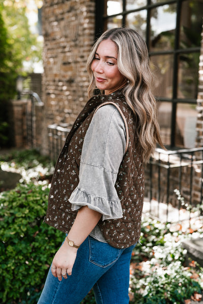 Fall Bloom Quilted Vest - Brown