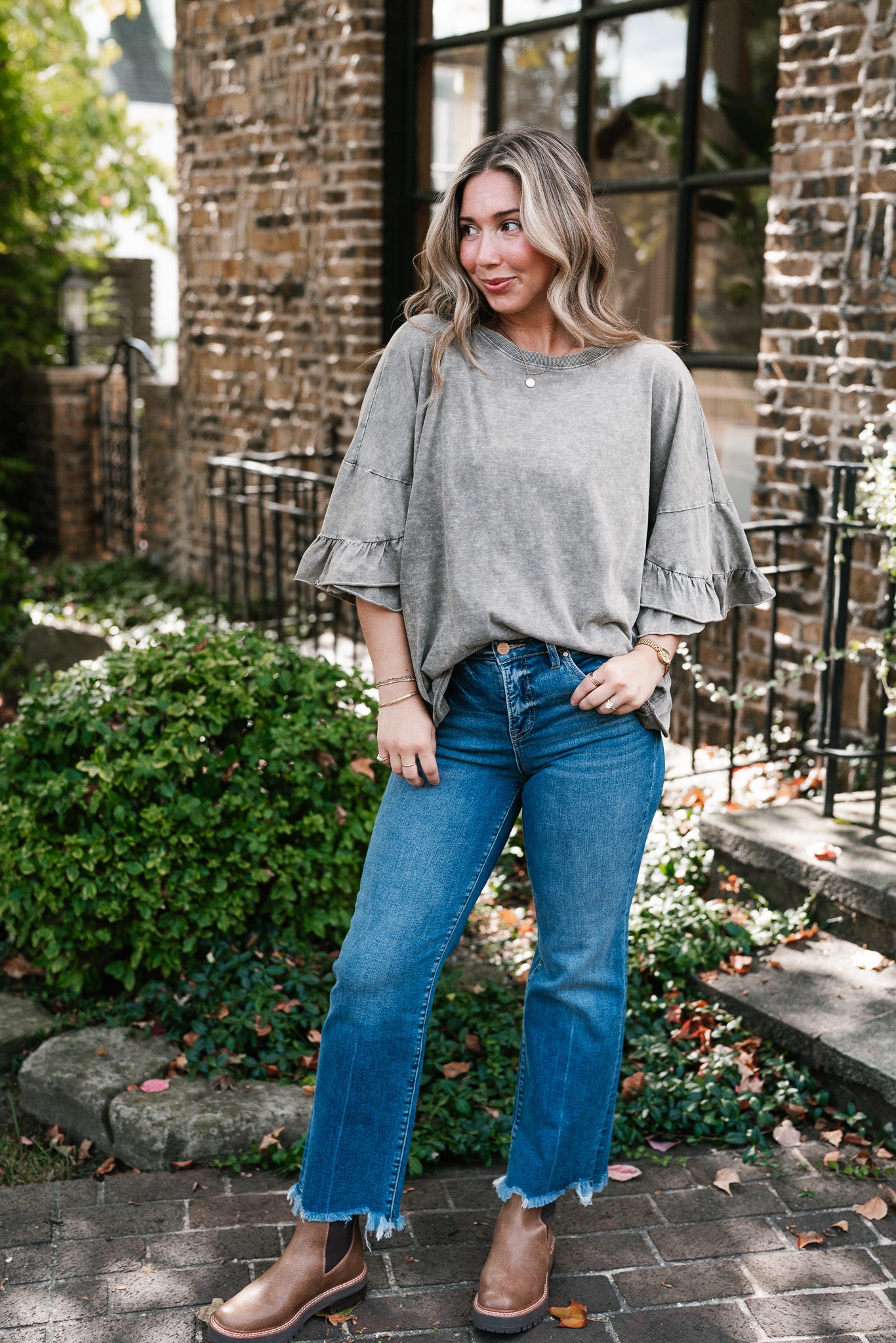 Stonewashed Ruffle Sleeve Top