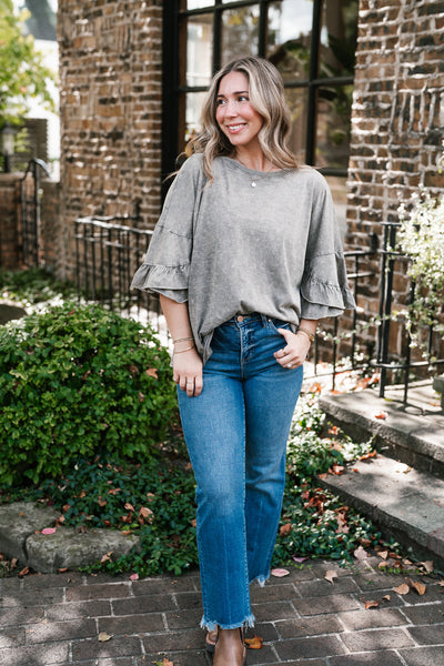 Stonewashed Ruffle Sleeve Top
