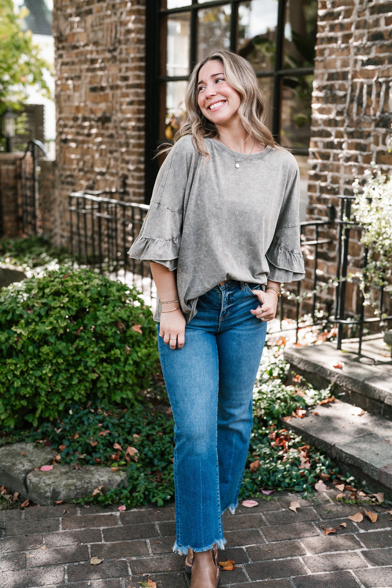 Stonewashed Ruffle Sleeve Top