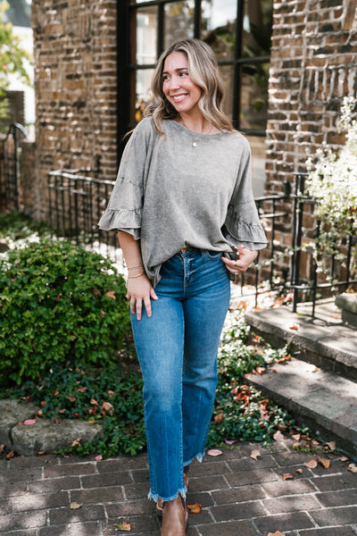 Stonewashed Ruffle Sleeve Top