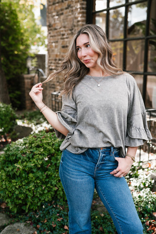 Stonewashed Ruffle Sleeve Top