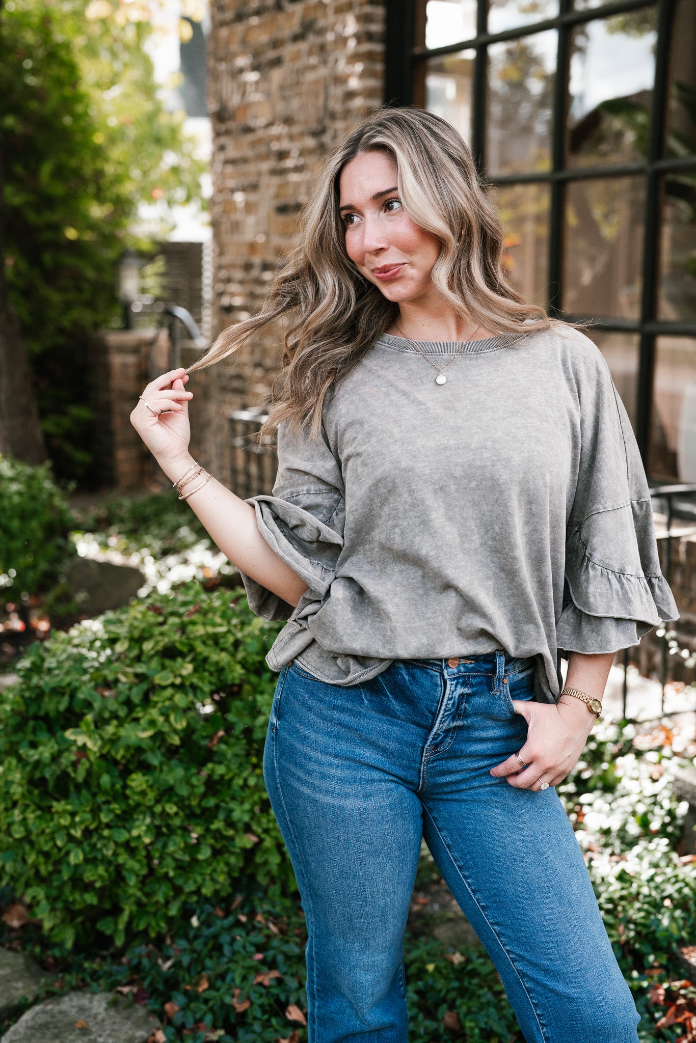 Stonewashed Ruffle Sleeve Top