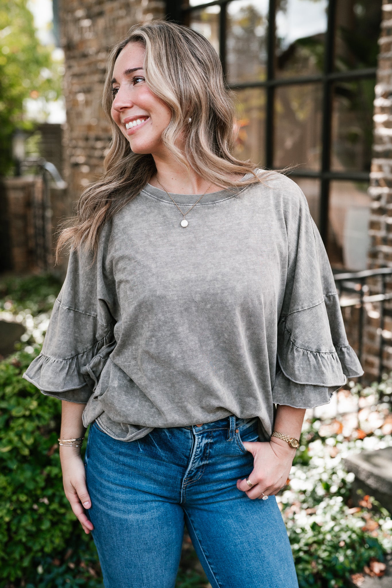 Stonewashed Ruffle Sleeve Top