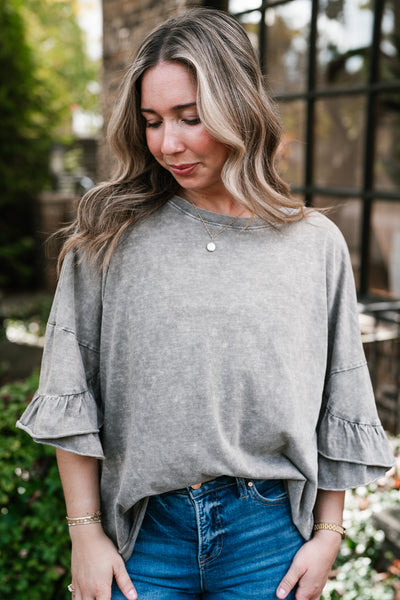 Stonewashed Ruffle Sleeve Top