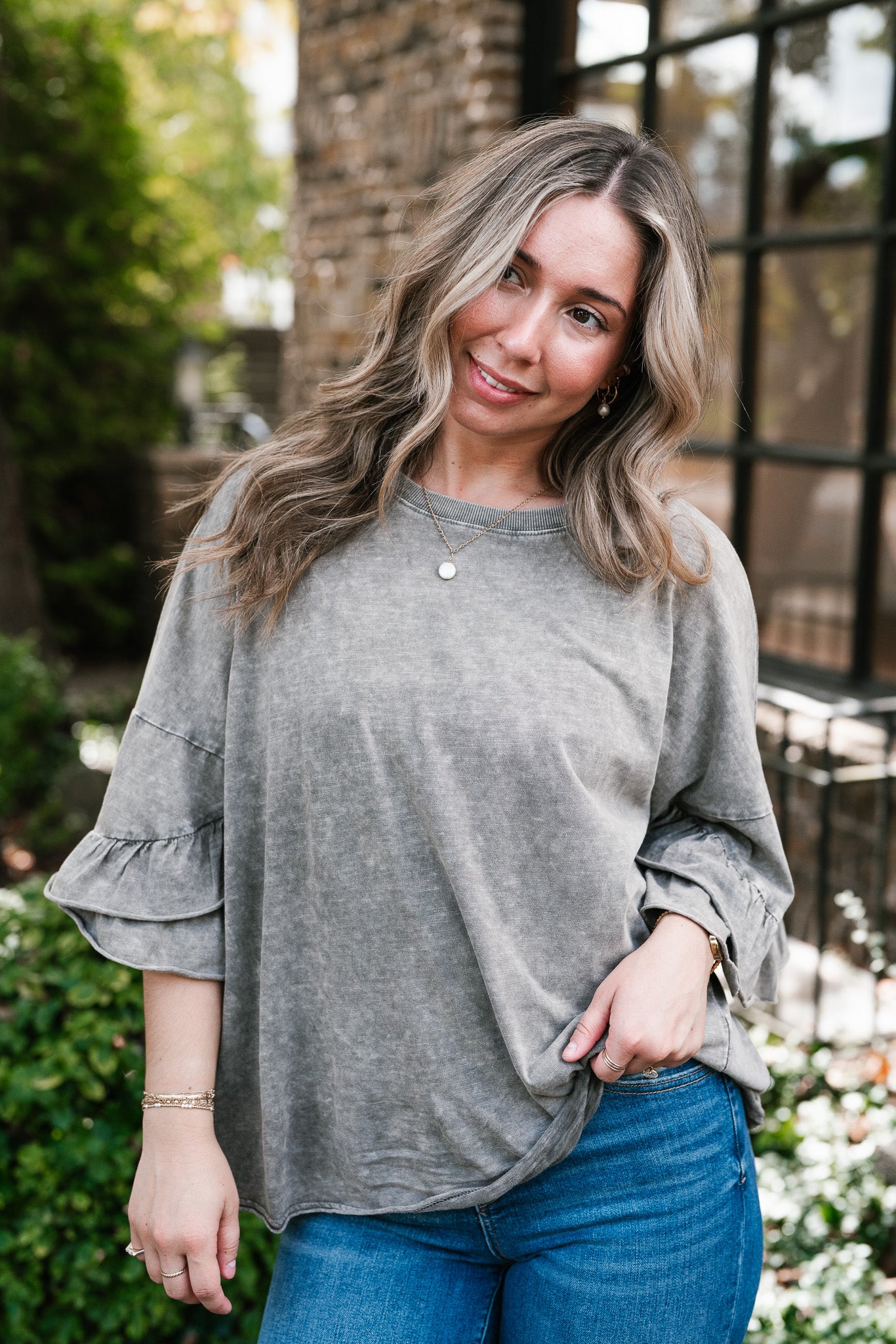 Stonewashed Ruffle Sleeve Top