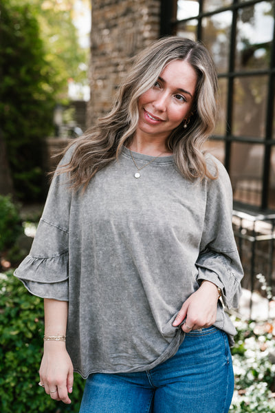 Stonewashed Ruffle Sleeve Top