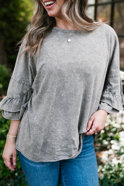Stonewashed Ruffle Sleeve Top