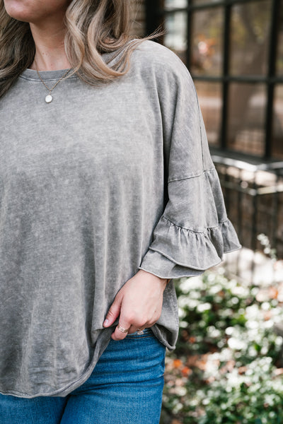 Stonewashed Ruffle Sleeve Top