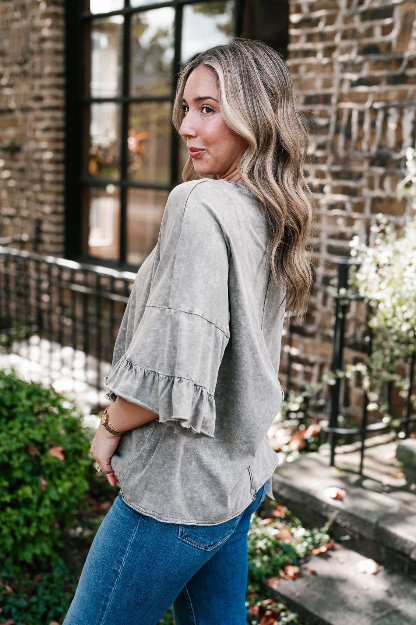 Stonewashed Ruffle Sleeve Top