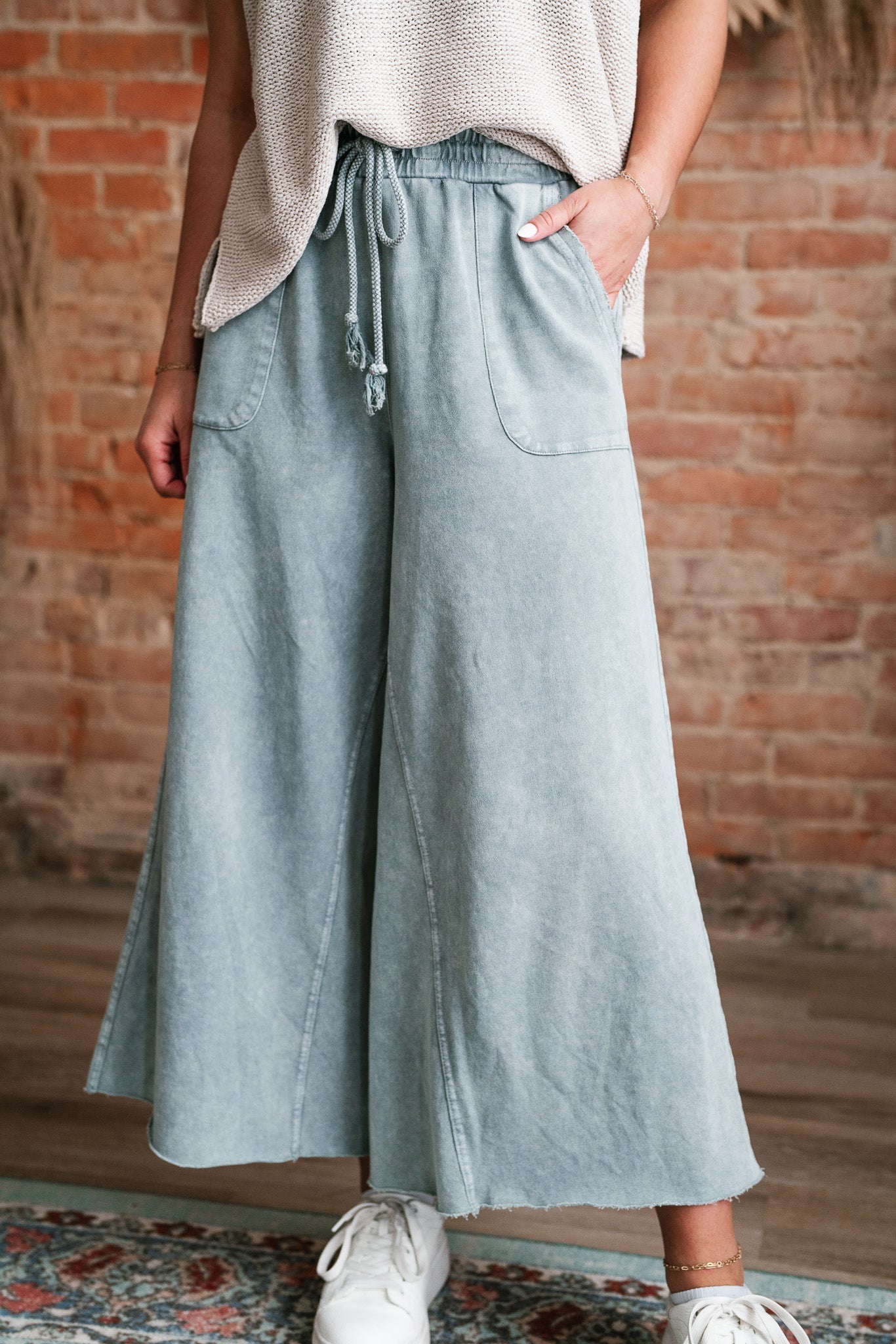 Can't Be Matched Mineral Wash Wide Leg Pants - Faded Teal